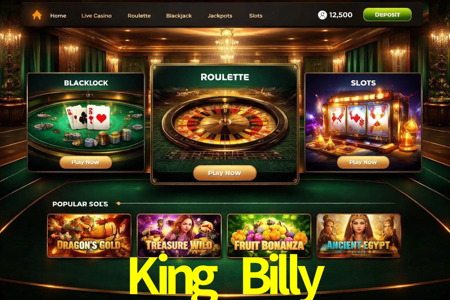 Vista de la plataforma King Billy Casino mostrando categorías organizadas de juegos en línea