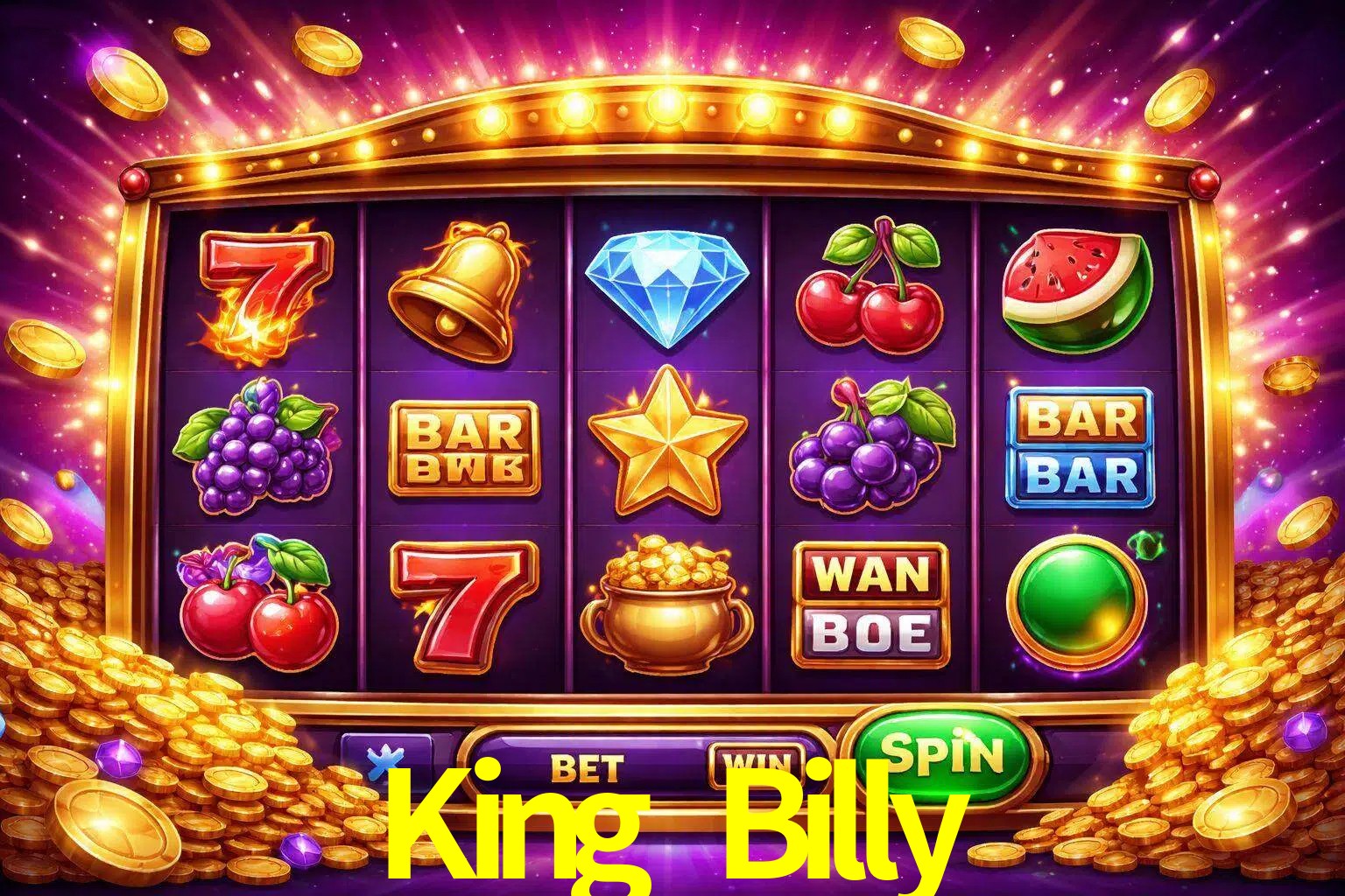 Una interfaz colorida de tragamonedas en línea con símbolos brillantes, monedas y un efecto de victoria celebratoria en King Billy.