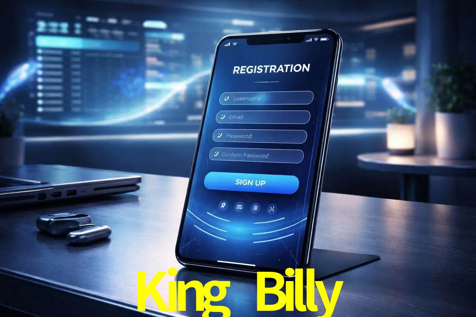 Una interfaz moderna de registro móvil para King Billy mostrada en un smartphone con un panel de apuestas elegante.